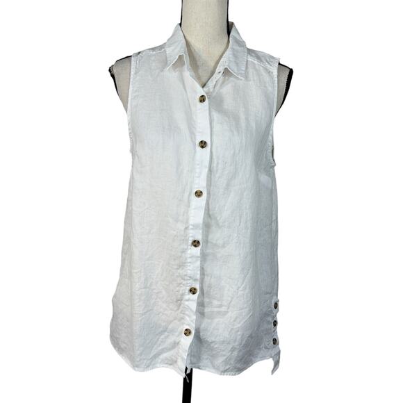 Jones & Co Medium Linen Top Button-Up Sleeveless Hi-Low Semi-Sheer Collar White - Picture 1 of 8